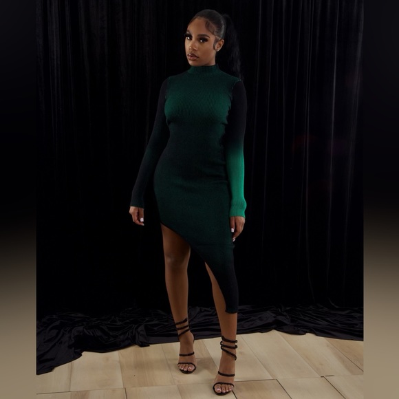 Emerald green sweater dress high low long sleeves - Picture 3 of 6